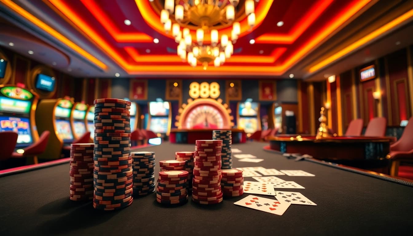 Experience the thrill of gaming at 888P with stylish casino tables, vibrant slot machines, and poker chips ready for action.