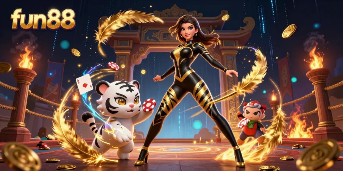 Win exciting games with fun88 in this vibrant 3D casino illustration showcasing dynamic action.
