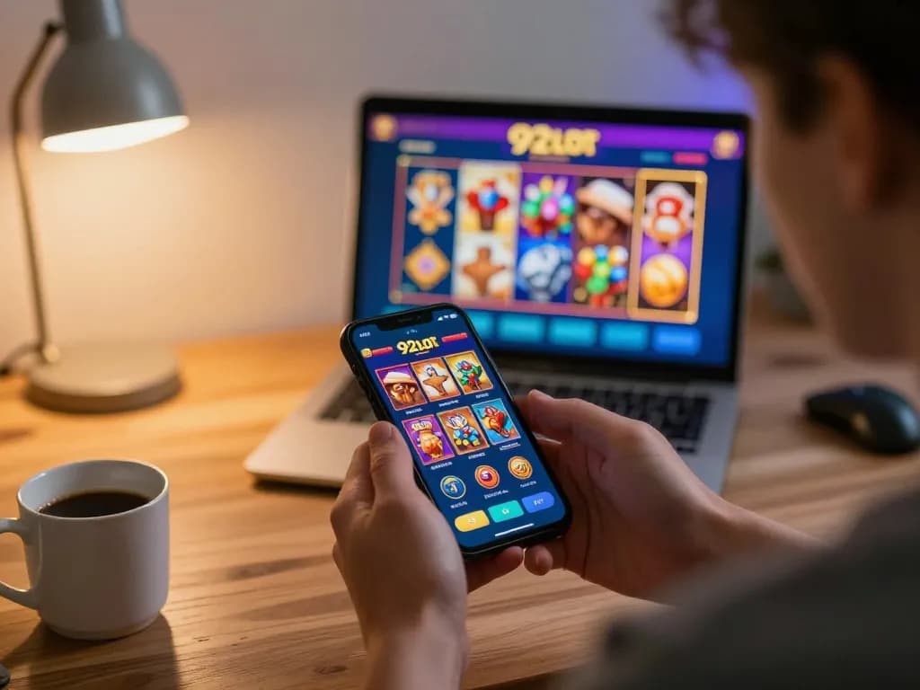 Engaging with the 92slot app for online gambling directly from home, showcasing vibrant gameplay interaction.