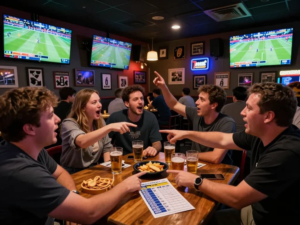 Patrons engaging in kèo nhà cái sports betting, analyzing live odds and placing bets at a vibrant sports bar.