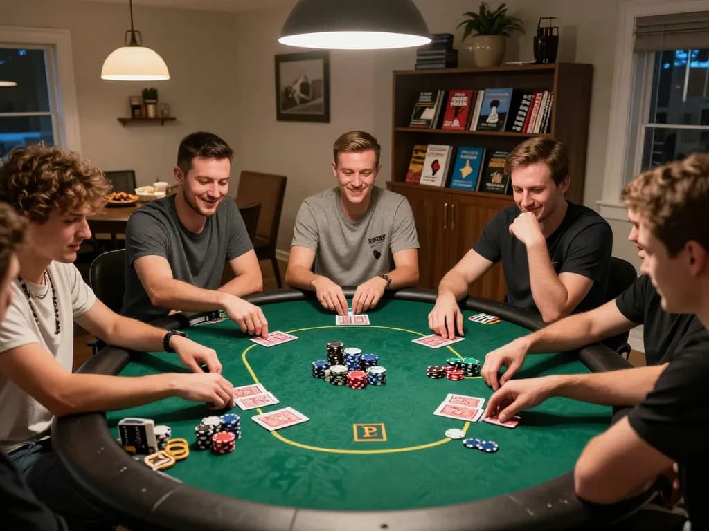 BL555 players strategizing in an engaging home poker game, showcasing chips and cards.