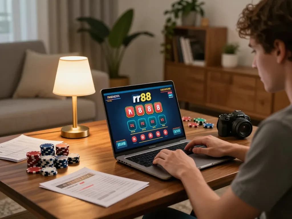 Player engaging in rr88 online casino games from a cozy home setup, showcasing comfort and strategy.