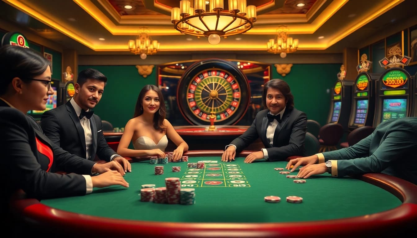 Players enjoying high-stakes games at an 8KBET casino table, highlighting excitement and luxury.