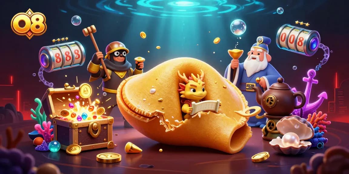 Spin for fortune with O8’s captivating casino scene, showcasing a golden fortune cookie and treasure.
