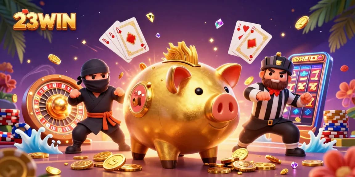 Experience the thrill of 23WIN with energetic characters in a vibrant casino scene.