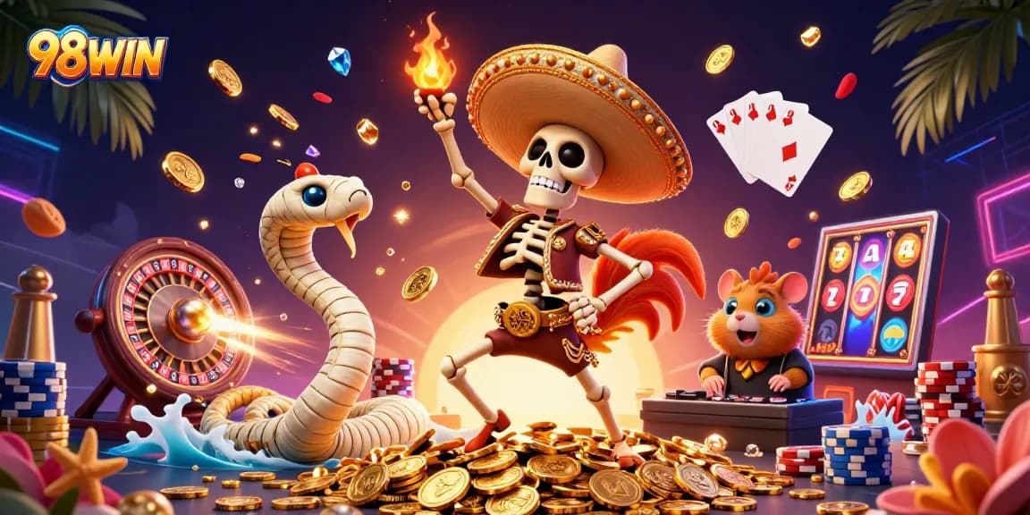 Experience 98WIN excitement with dynamic casino characters and golden gaming elements!