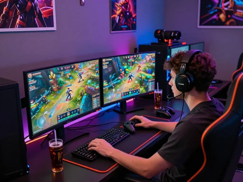 Intense gaming session featuring Bomwin on multiple screens with vibrant LED lighting.