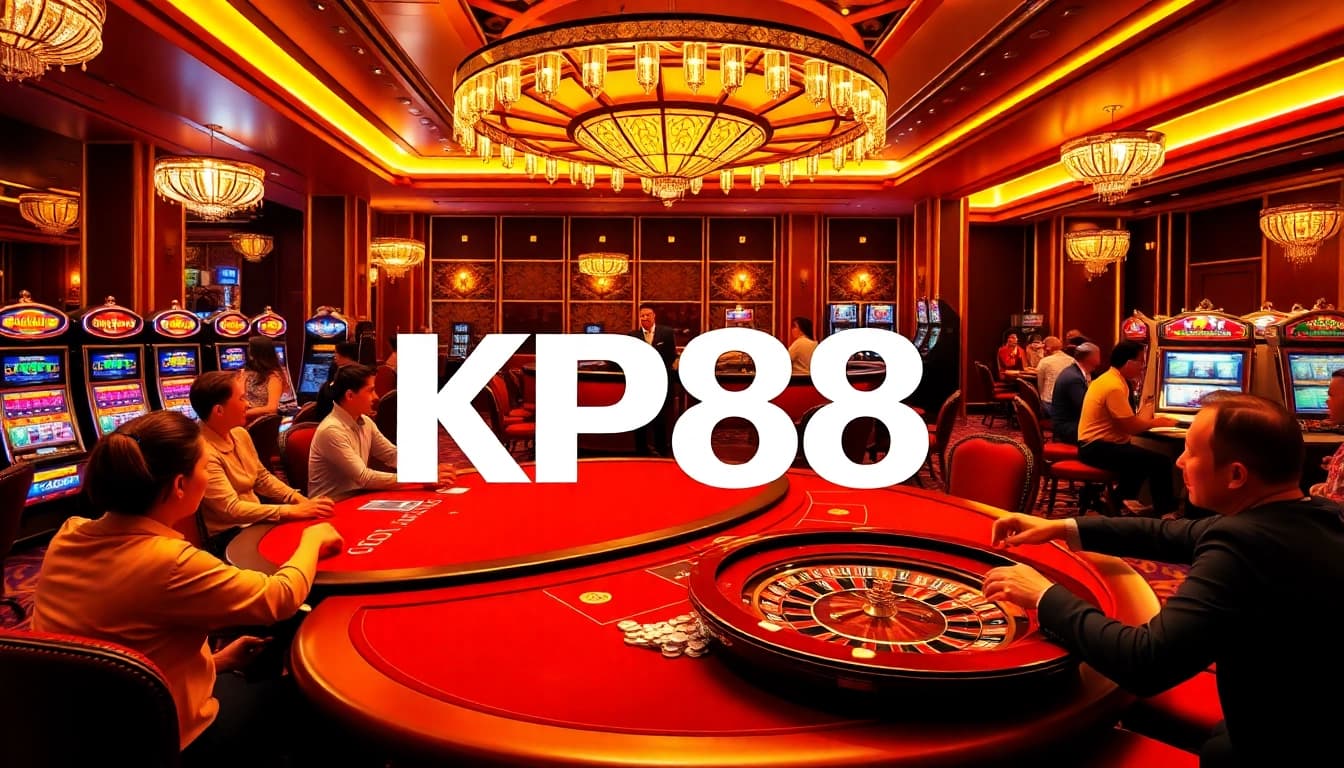 Experience the excitement of KP88 with lively players at a poker table in a luxurious casino setting.