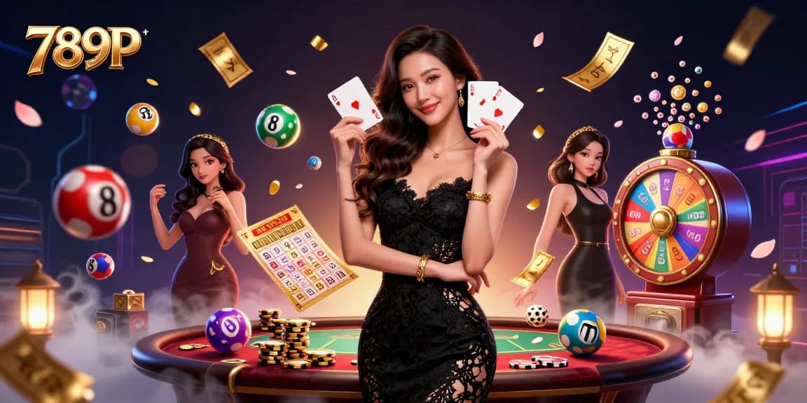 Experience thrill with 789P as the elegant woman reveals ace cards amidst vibrant casino elements.