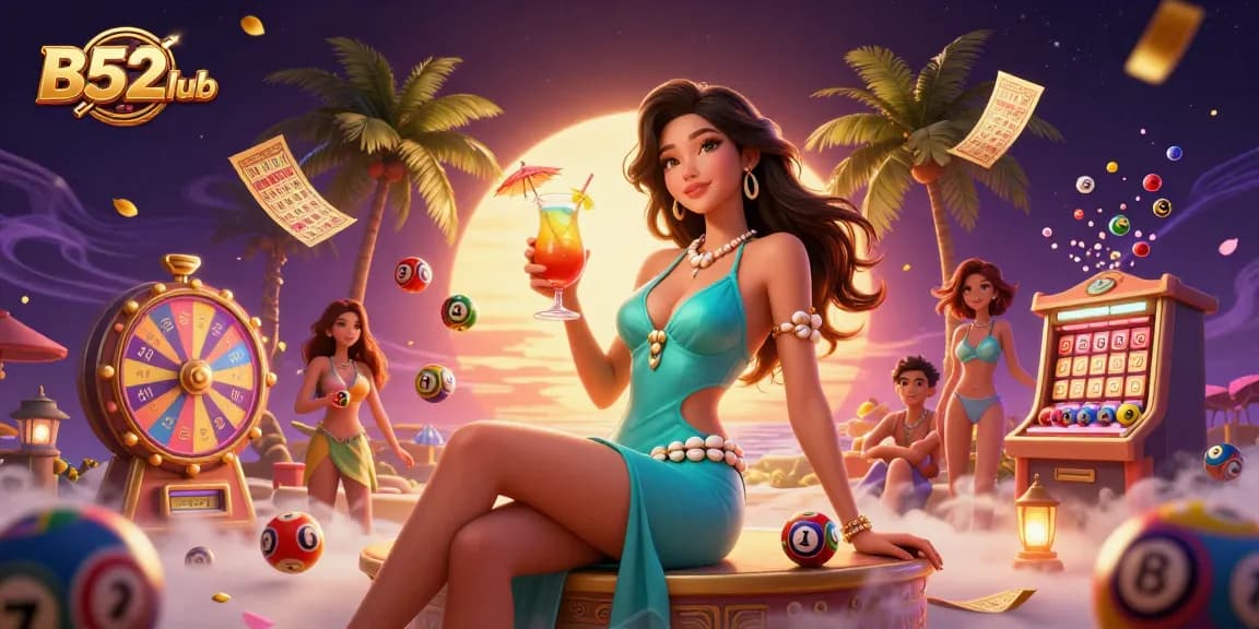 B52club showcases an exciting online gaming scene with vibrant lottery elements and a glamorous setup.