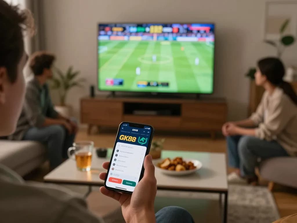 Sports betting action with GK88 app on smartphone creating excitement during the game.
