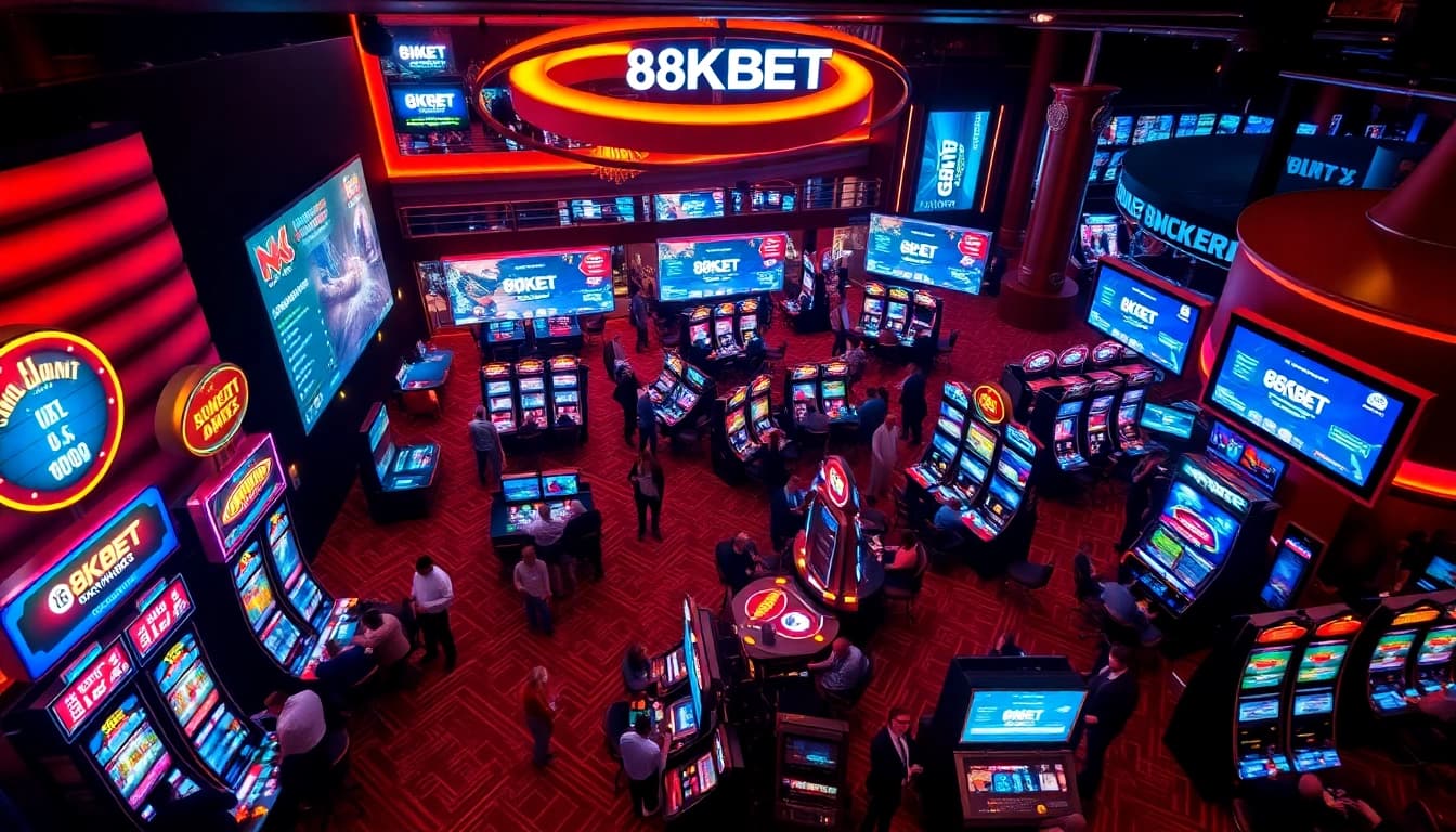 Exciting casino atmosphere with 8KBET branding, showcasing vibrant gaming activities.