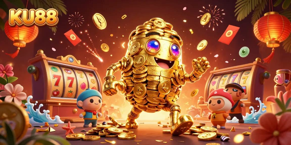 Engage with exciting KU88 online slots featuring a golden golem and vibrant gaming elements.