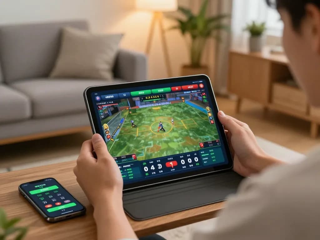 Engaging in sports betting on a tablet at home, showcasing https://rr88.auction/ for live odds and betting