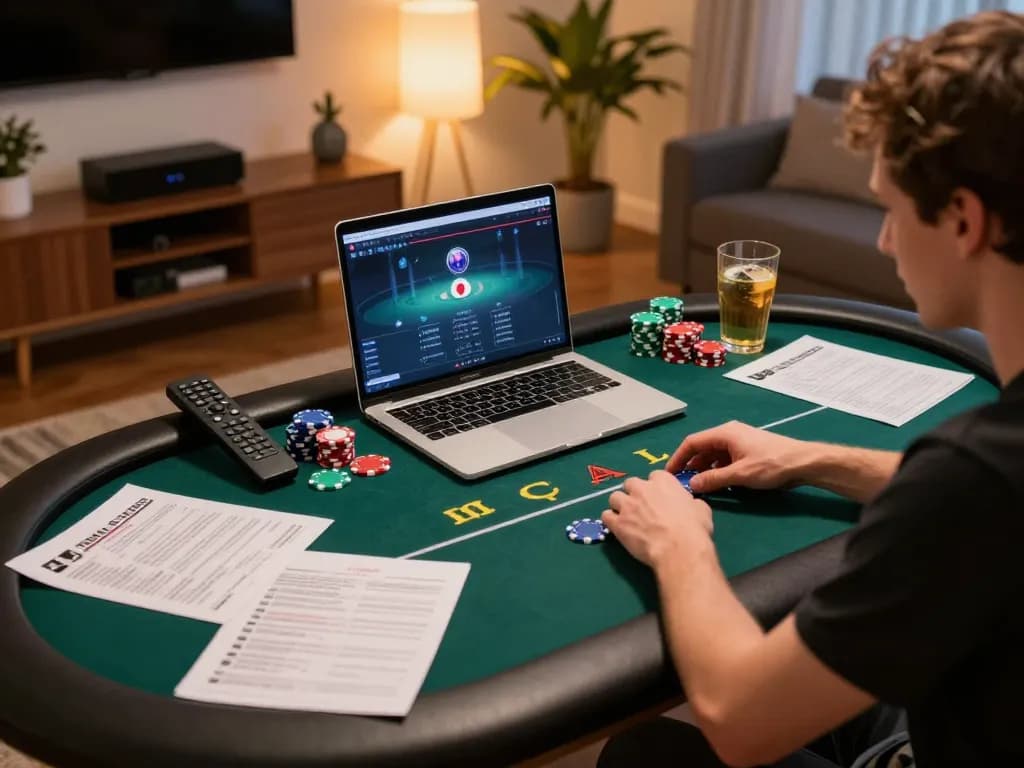 Player enjoying online poker with LLWIN TECH interface on a laptop in a cozy home setting