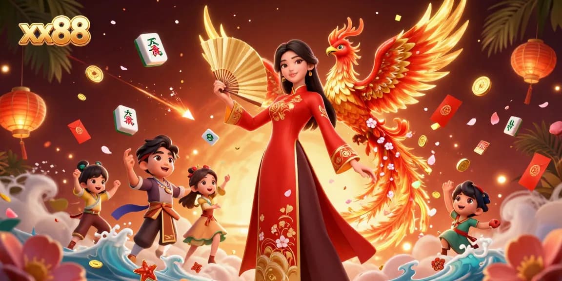 Experience exciting gameplay with xx88 featuring a Vietnamese woman in ao dai, phoenix, and vibrant casino elements.