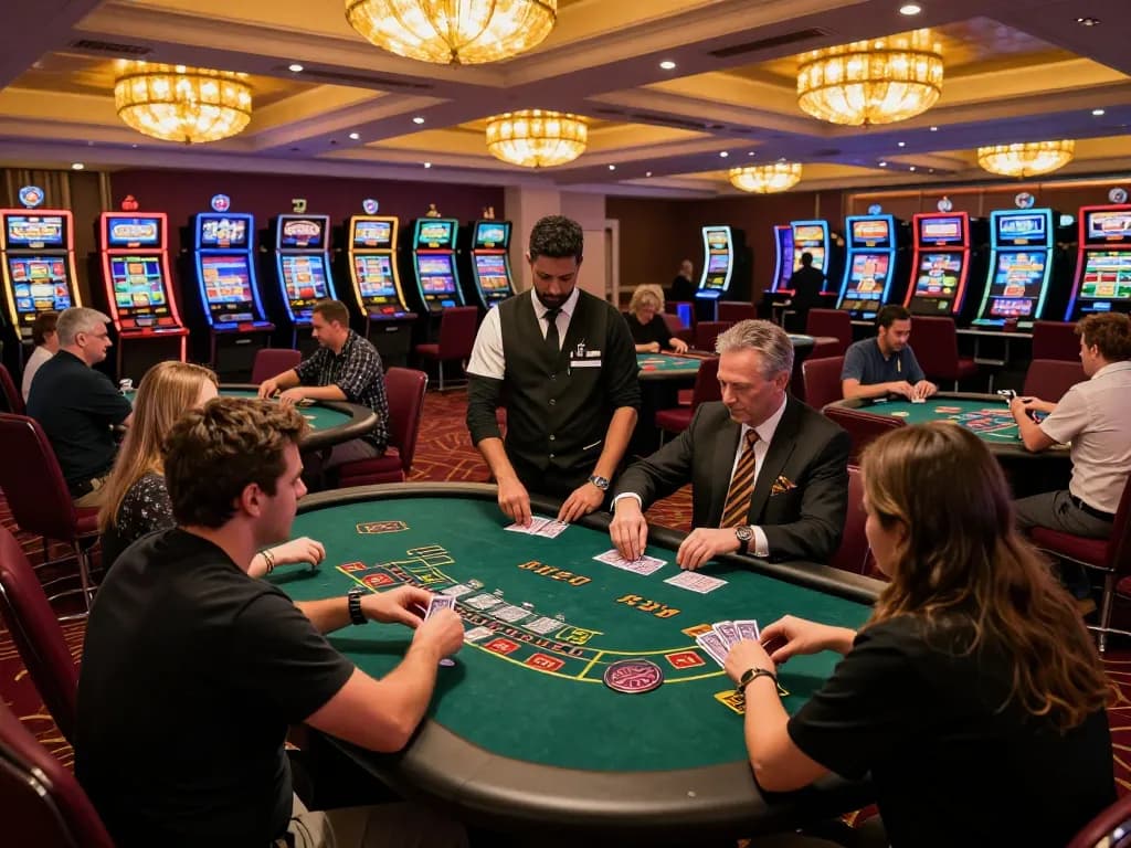 Engaged players at a blackjack table in ONE88 casino, strategizing their bets amid vibrant casino lights.