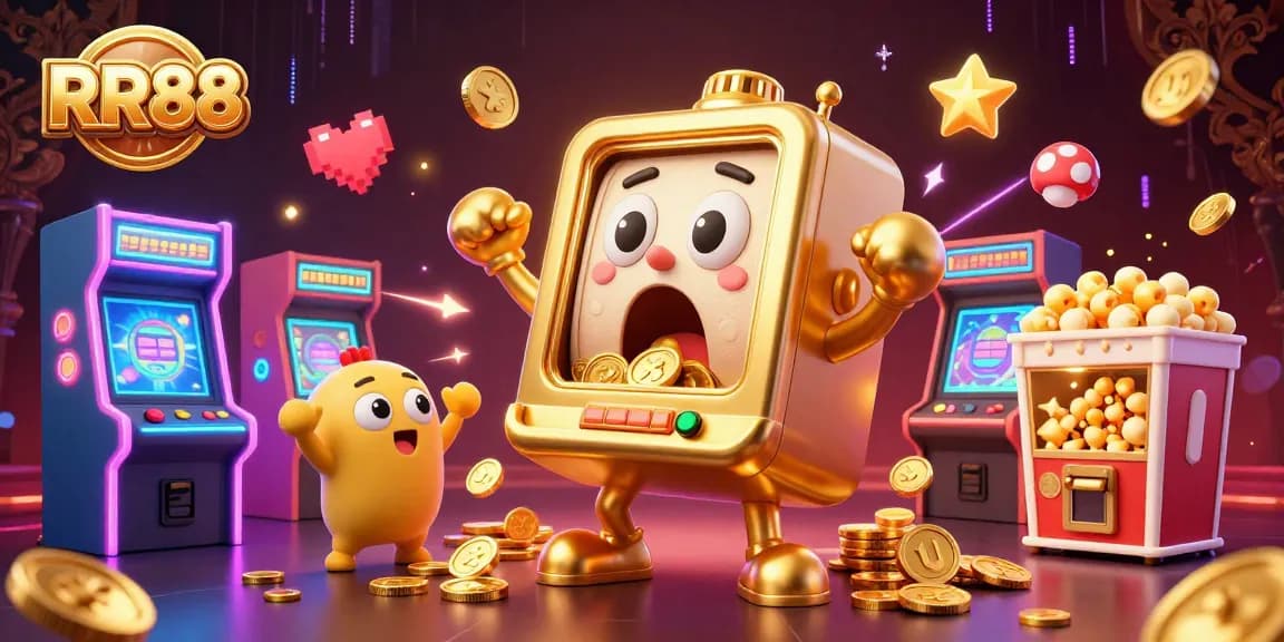 RR88 slot machine celebrates a jackpot with coins pouring out, surrounded by colorful gaming elements.
