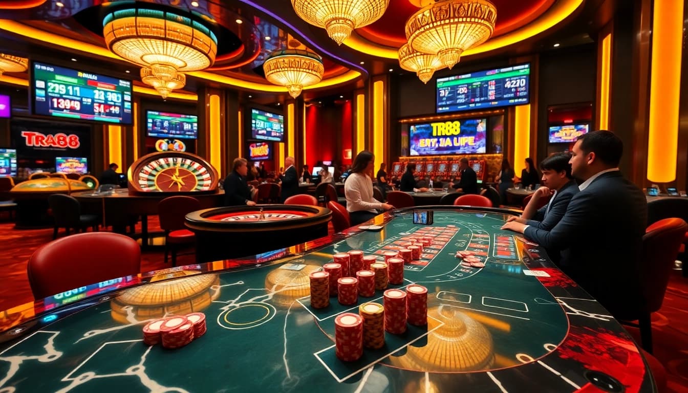 Players strategizing at a luxurious poker table with TR88 betting odds displayed on screens.