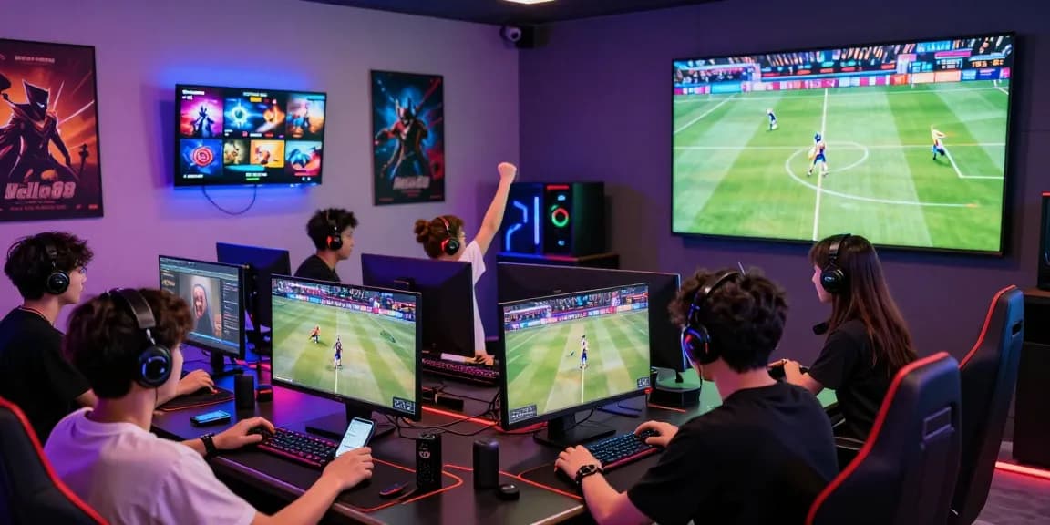 Exciting gaming atmosphere at Hello88 with players enjoying diverse games and live sports events in a vibrant setting.