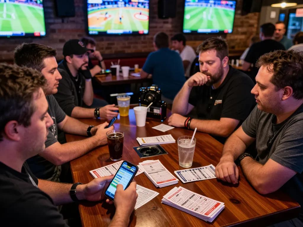 Active sports betting scene with patrons eagerly discussing strategies at keonhacaii88, smartphone in hand while watching games