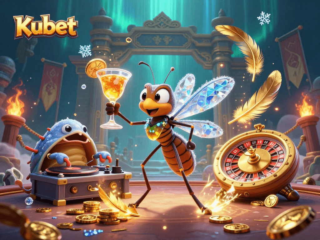 Engage with Kubet's thrilling casino experience featuring a unique dinosaur mascot and vibrant gaming elements.