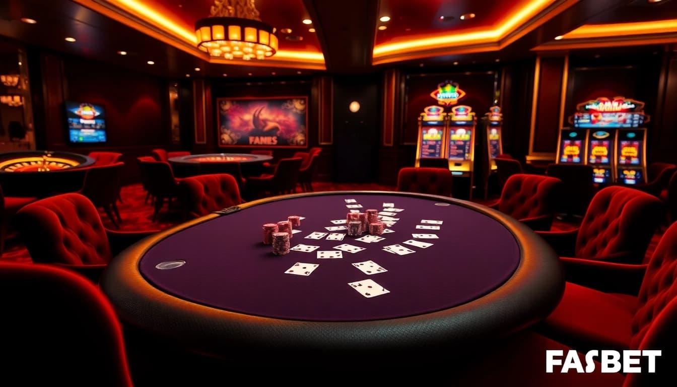 Experience the thrilling atmosphere of FABET with professional poker tables and vibrant slot machines.