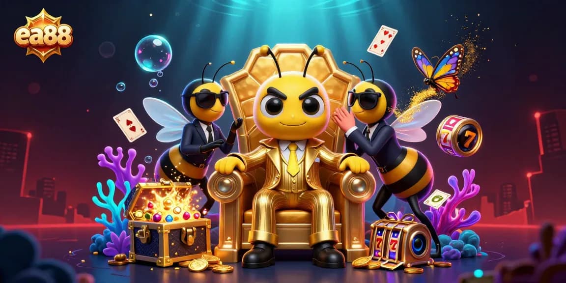 Experience the thrilling world of ea88 with an animated casino scene featuring a bumblebee mob boss overseeing a vibrant game backdrop.