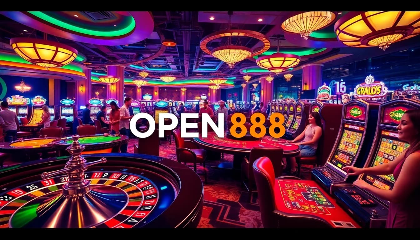 Players enjoying a thrilling gambling experience at OPEN88 with vibrant casino tables and slot machines.