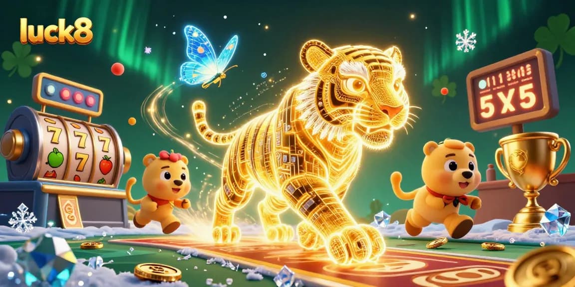 Experience winning moments at luck8 with a vibrant online casino illustration featuring slots and characters.