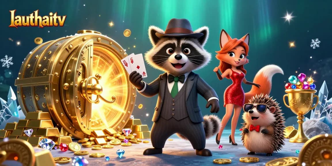 Experience thrilling action at lauthaitv, showcasing raccoon holding a royal flush in a rich casino scene.
