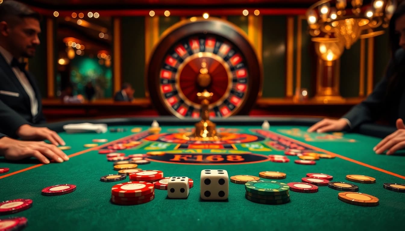 Intense F168 poker game with vibrant chips and a spinning roulette wheel.