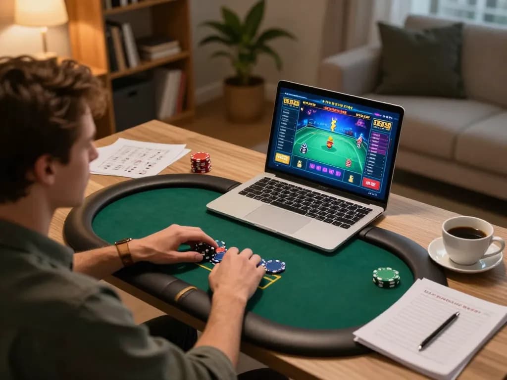 Player engaging in online poker at home using Au88 platform, showcasing strategic notes and cozy setup