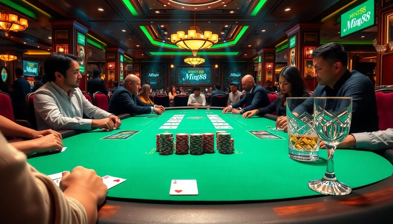 Mint88 players strategizing at a luxurious poker table with vibrant chips and cards.