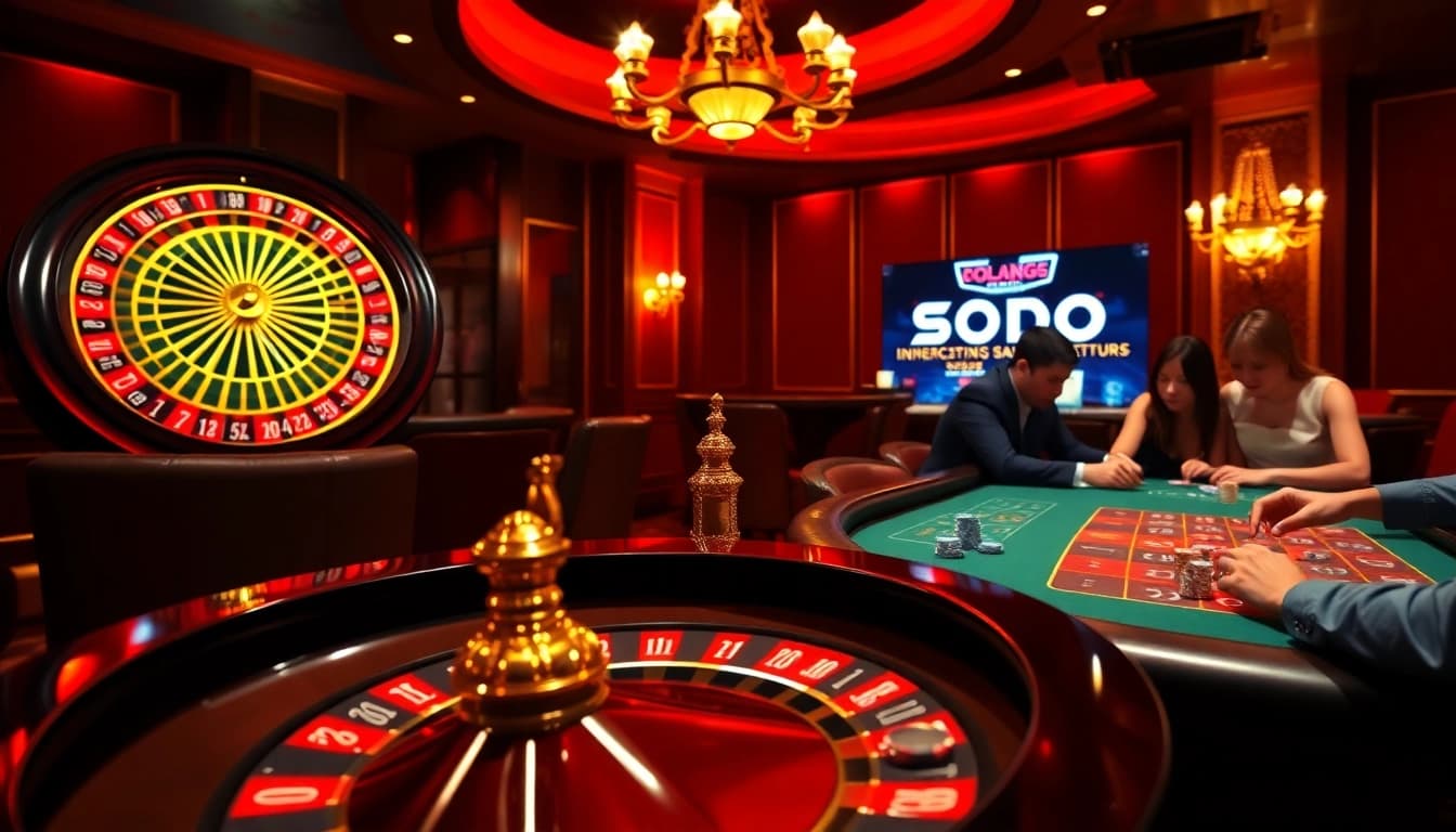 SODO66 casino players engaging with roulette and card tables in an upscale atmosphere.