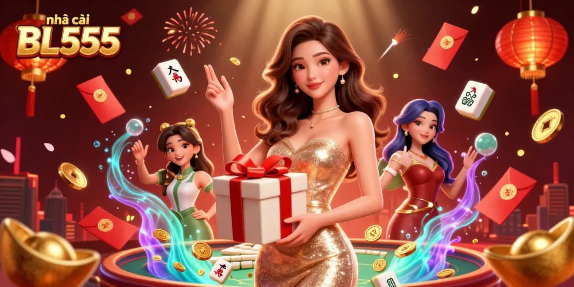 Engage with nhà cái BL555 featuring lively Asian woman celebrating Lunar New Year with festive casino elements.