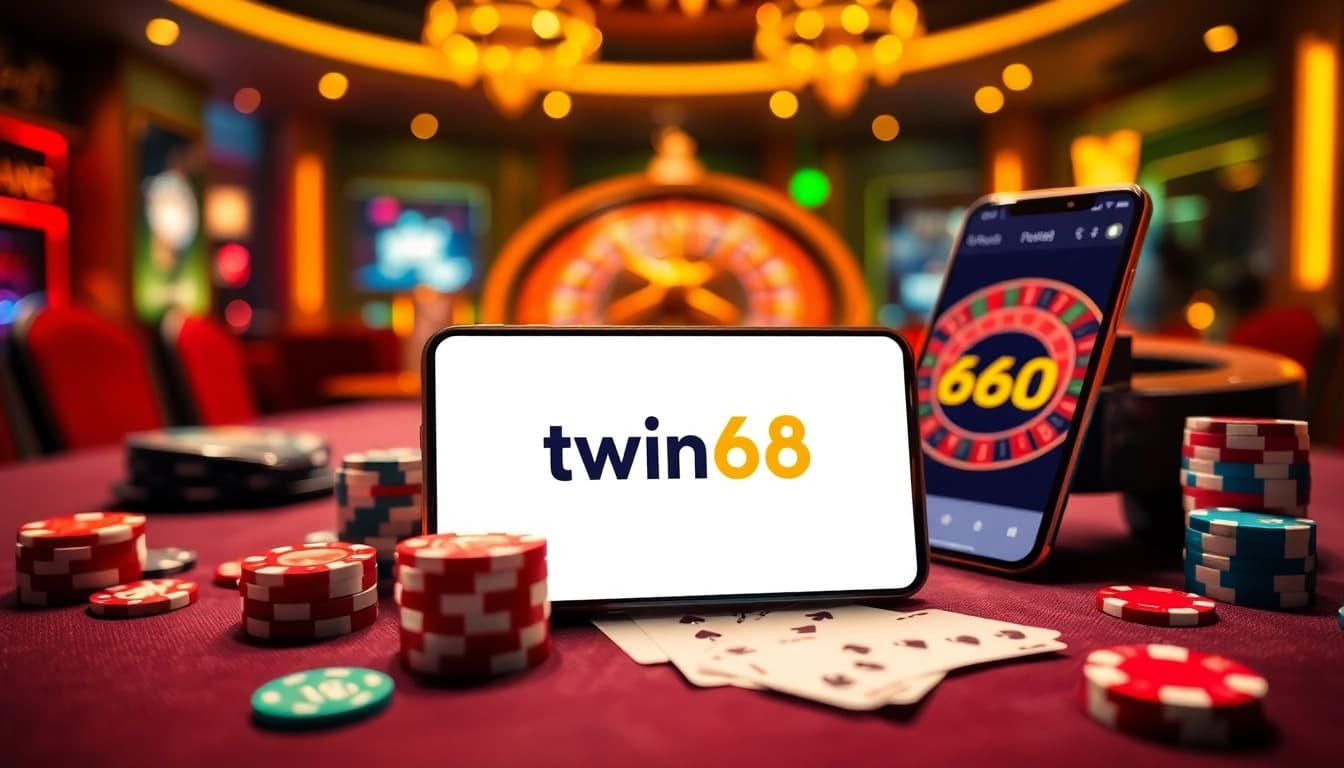Engage with the twin68 ios mobile gambling experience, featuring vibrant poker chips and cards on an elegant casino table.