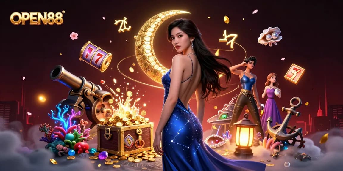 Bet big on OPEN88 with vibrant 3D casino illustrations showcasing thrilling slot games and underwater treasures.