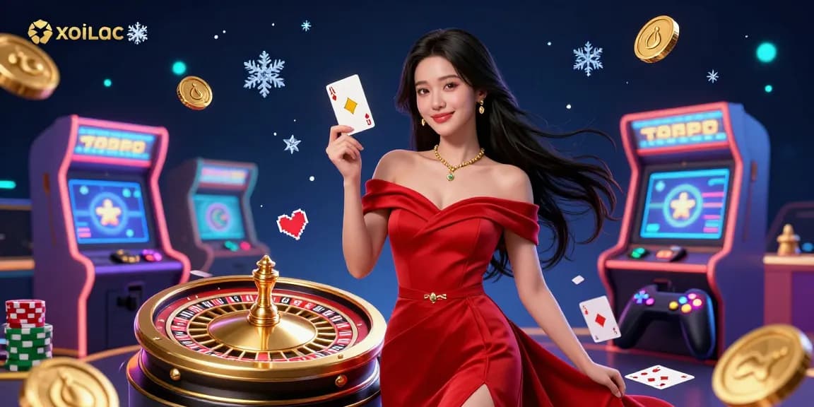 Xoilac offers an exclusive glimpse with a beautiful woman holding a golden card next to vibrant casino elements.