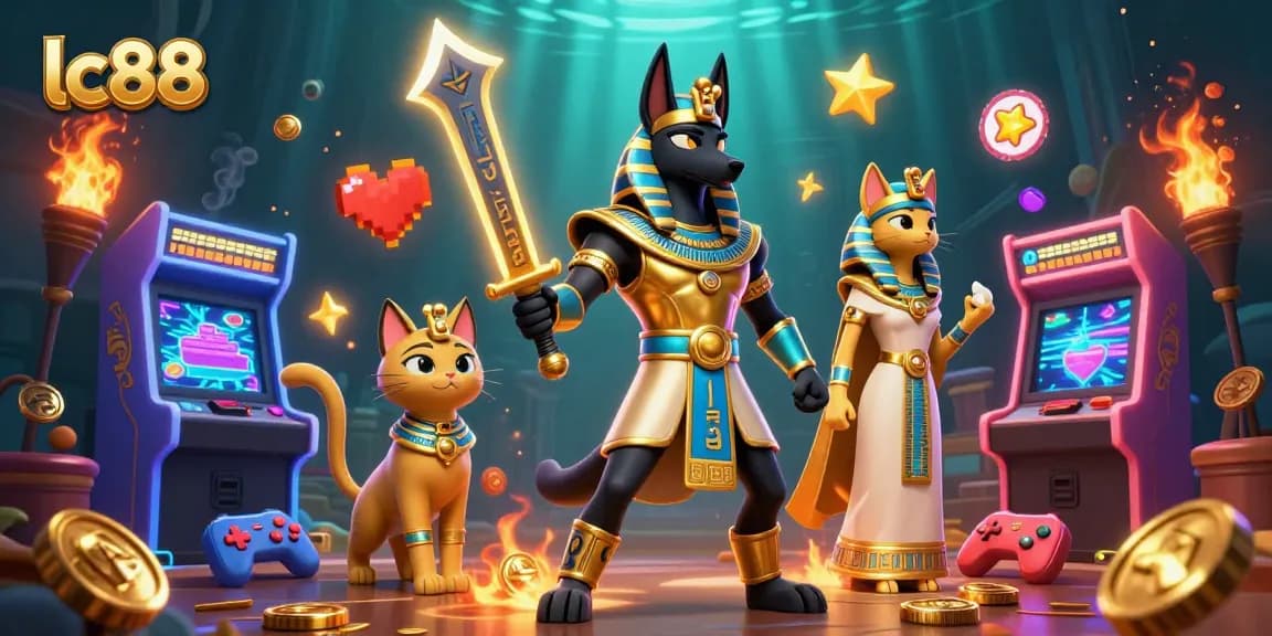 lc88 offers an engaging gaming experience with Anubis and Bastet among vibrant casino elements.