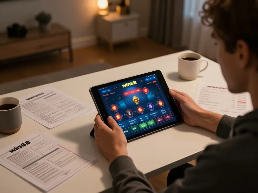 Player engaging with the win68 casino app on a tablet, showcasing a modern home gaming setup
