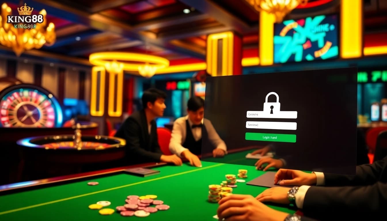 Engaging players in a casino scene featuring Đăng nhập King88 alongside poker chips and a roulette wheel.