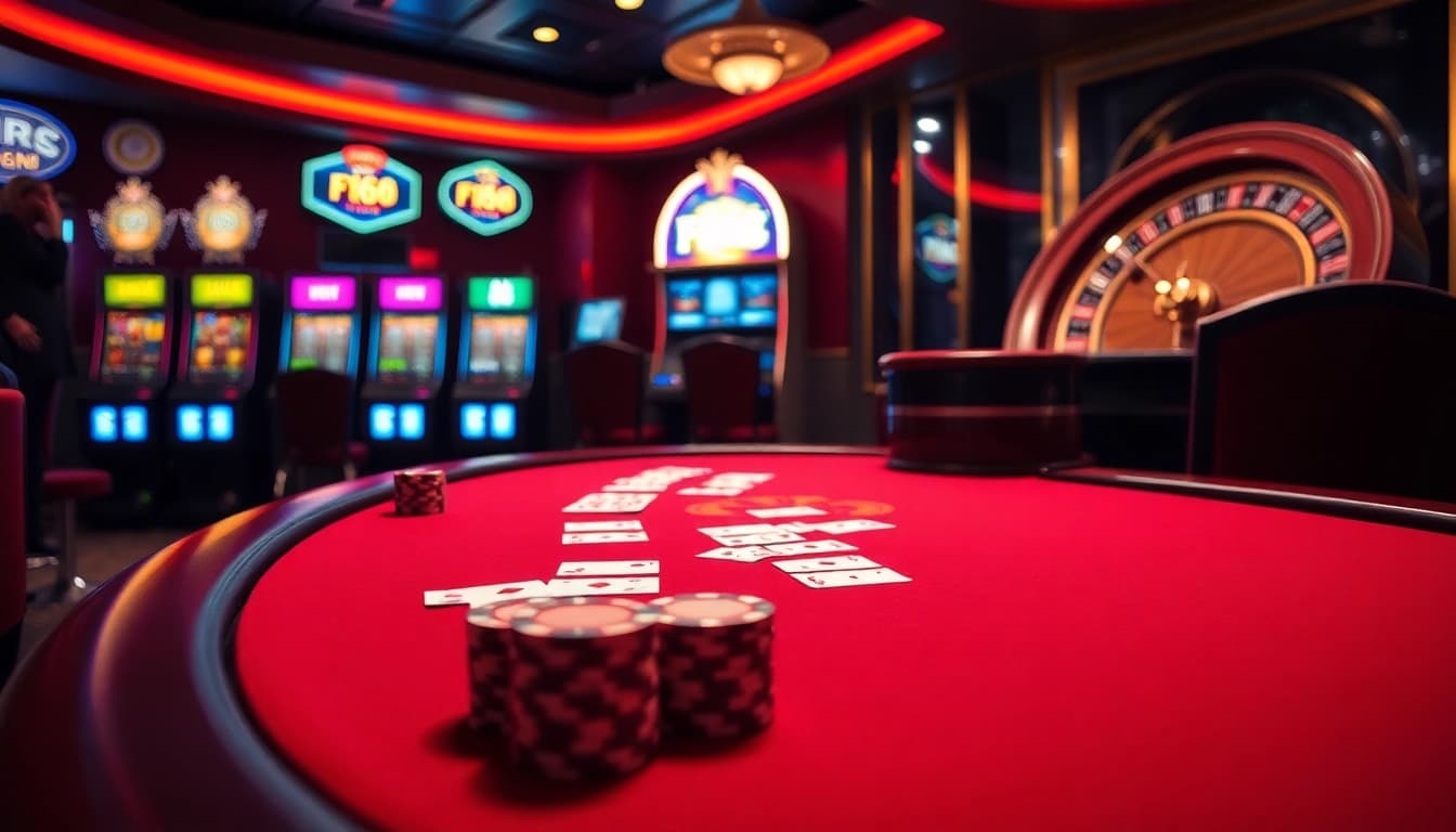 Engaging gamblers at the F168 poker table with vibrant chips and cards in a luxurious casino setting.
