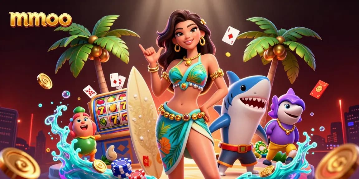 Experience thrilling games at Mmoo, featured with vibrant slot reels and charismatic characters.