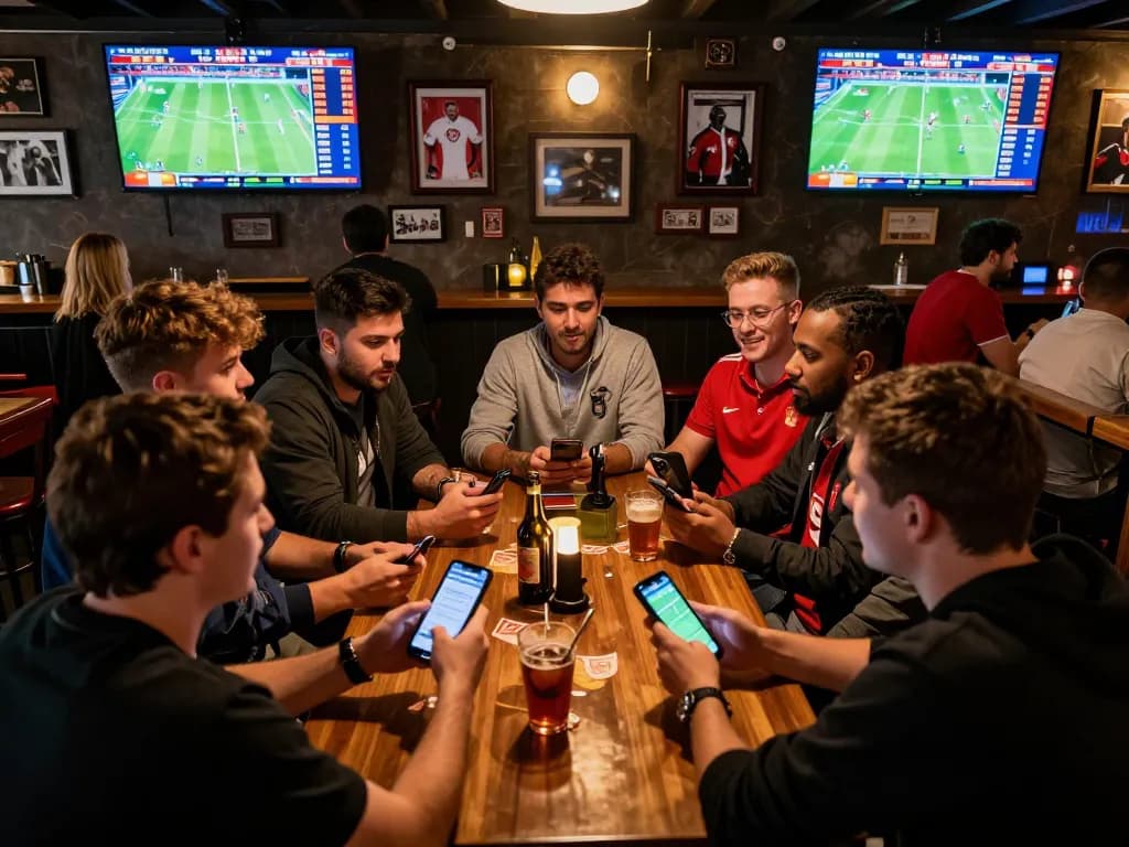 Friends engaging in sports betting with Tylekeo on smartphones at a lively bar, surrounded by screens.