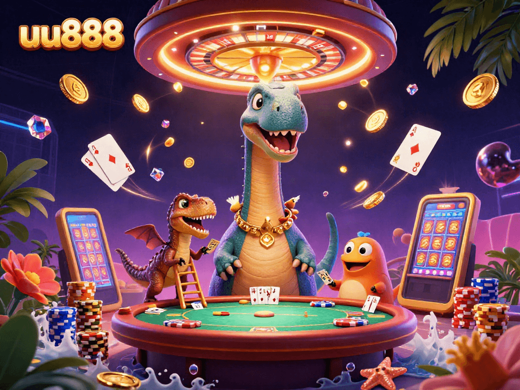 Experience thrilling moments at uu888 with a giant brontosaurus dealing cards in a vibrant casino scene.