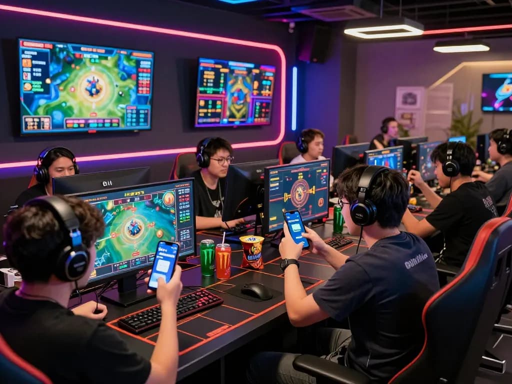 Engaging gaming scene with players celebrating and using the okwin.com app, highlighting the thrill of online betting and camaraderie.