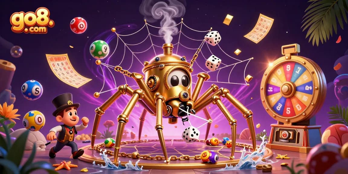 Play fun games at go8. com while a steampunk spider catches dice in a vibrant, rich casino world.