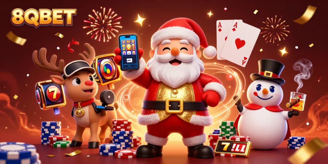 Engage with 8QBET in a vibrant casino scene featuring animated characters and jackpot slots.
