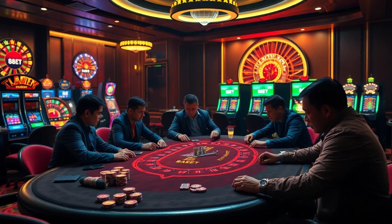 Experience thrilling gameplay at 8kbet with engaged players at a luxurious poker table in a vibrant casino scene.